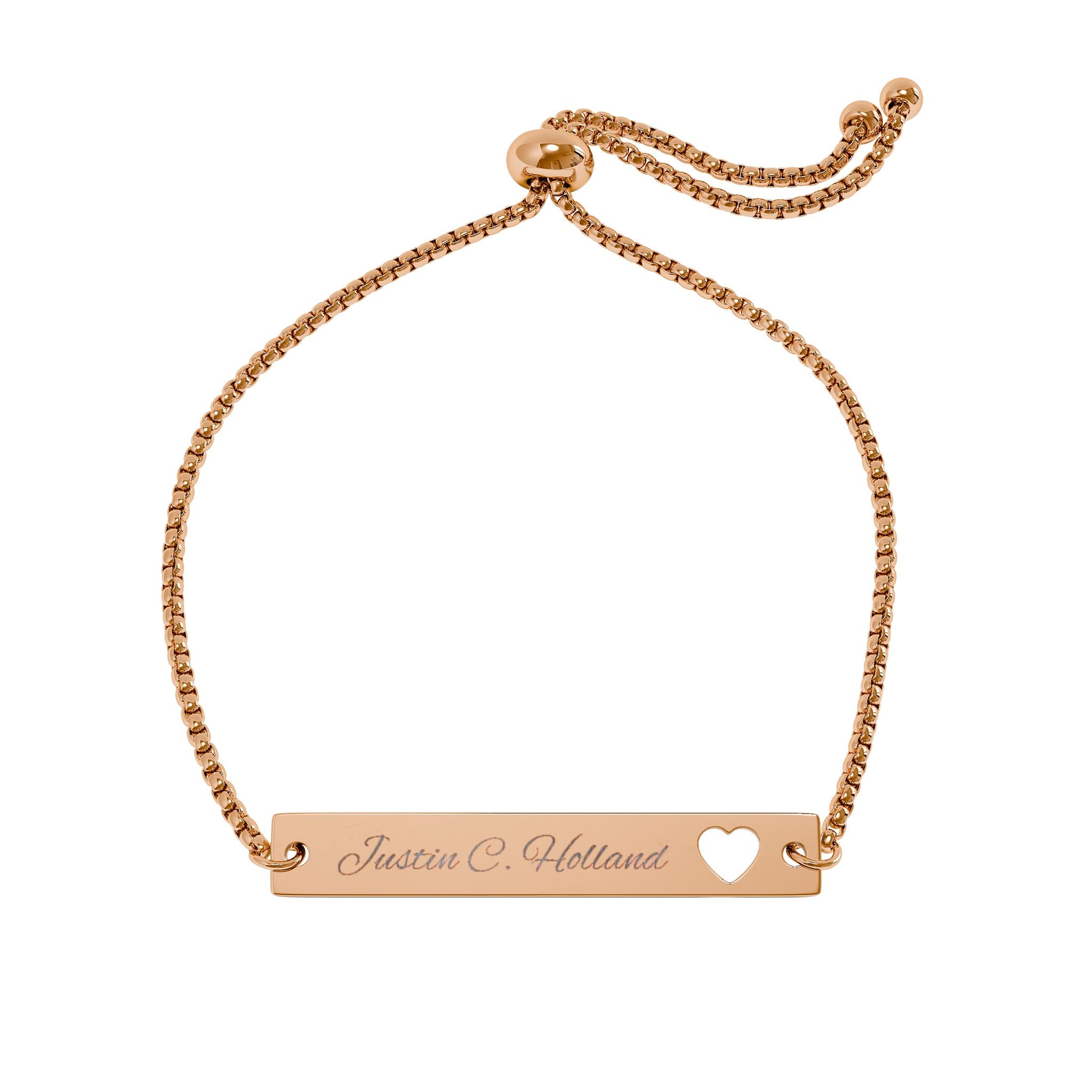 Engravable Heart Cutout Bar Bracelet — Adjustable Rose Gold Name Bracelet
