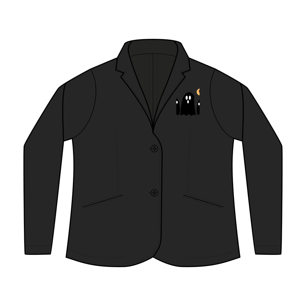 Personalized women's knit blazer with sample embroidered crest, view 2
