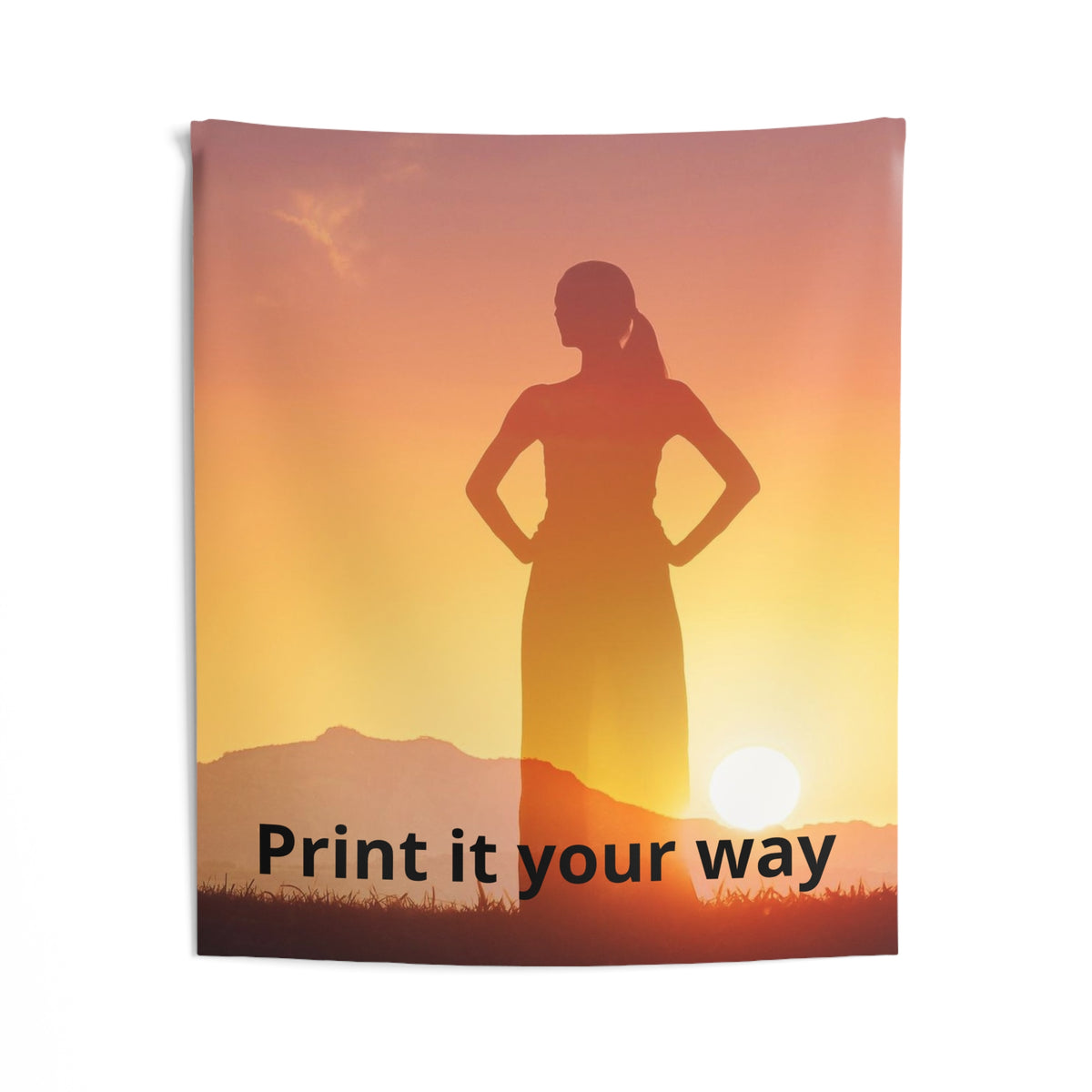 Personalized wall tapestry with sample sunrise silhouette design, view 1