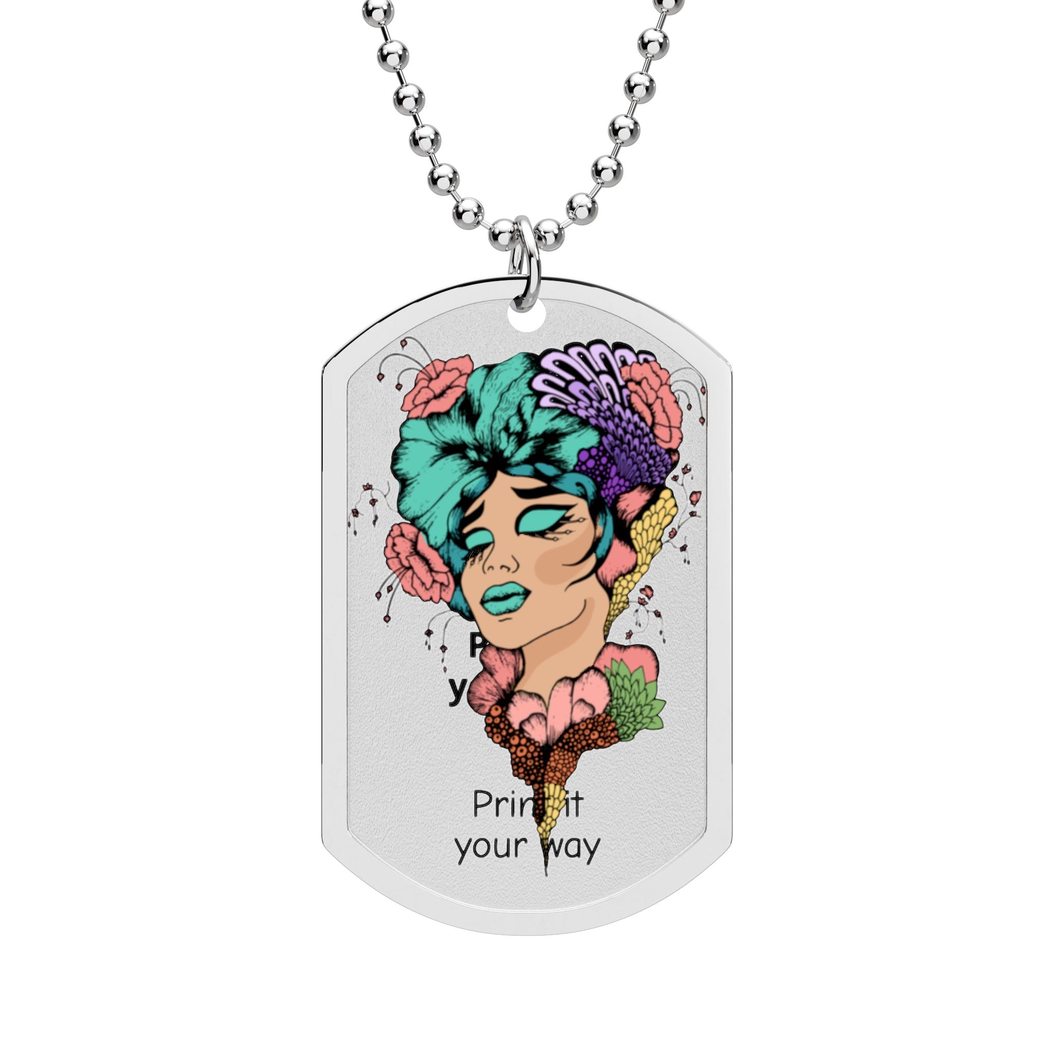 Floral Femme Portrait Dog Tag Necklace — Artistic Boho Pendant on Ball Chain