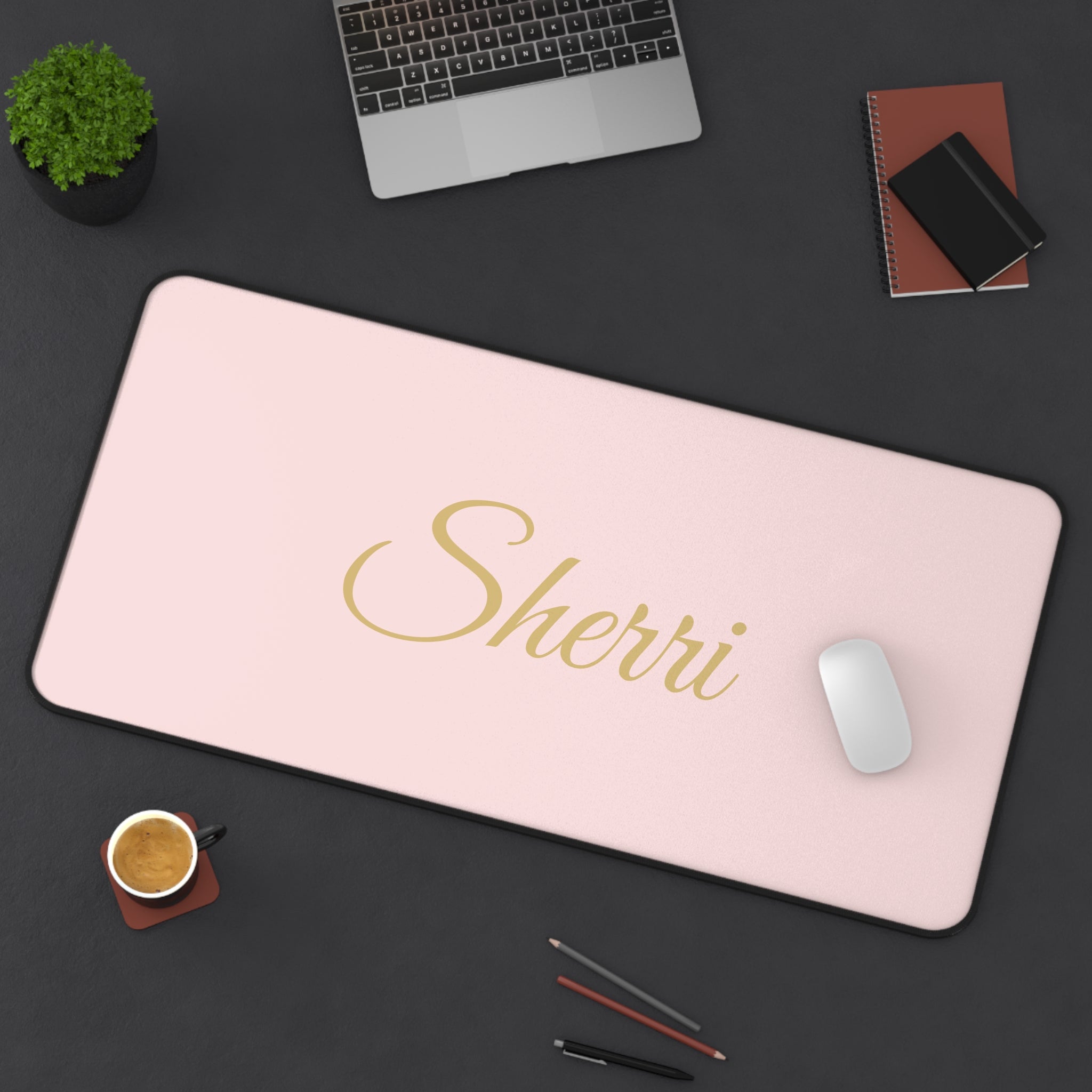 Personalized Pink Desk Mat — Custom Name Gold Script