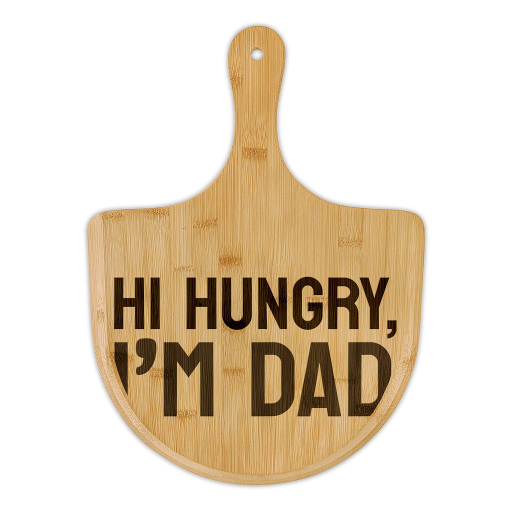 Personalized engraved bamboo pizza board with handle, sample engraving, view 1