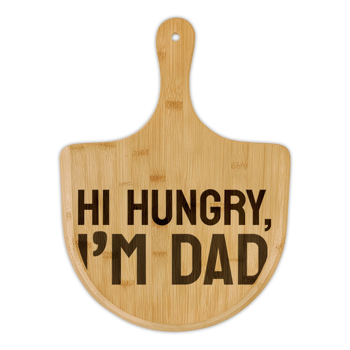 Personalized engraved bamboo pizza board with handle, sample engraving, view 1