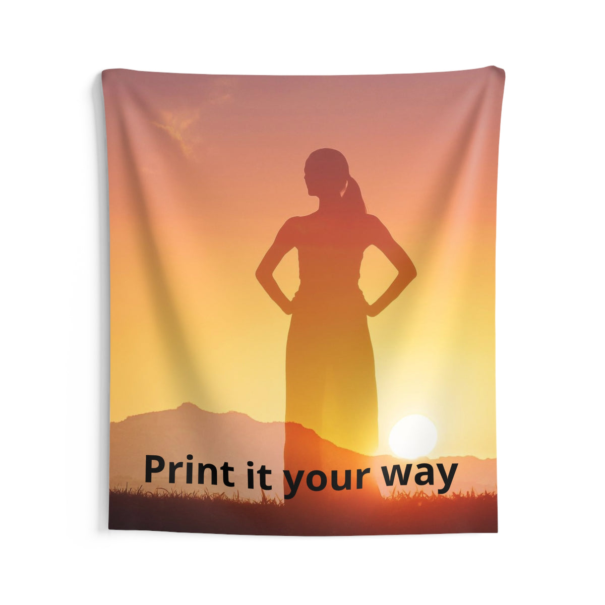 Personalized wall tapestry with sample sunrise silhouette design, view 5