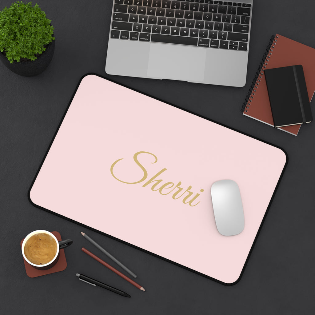Personalized Pink Desk Mat — Custom Name Gold Script