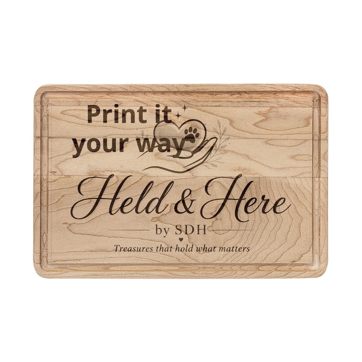 Personalized engraved hardwood cutting board with drip ring, sample engraving, view 1