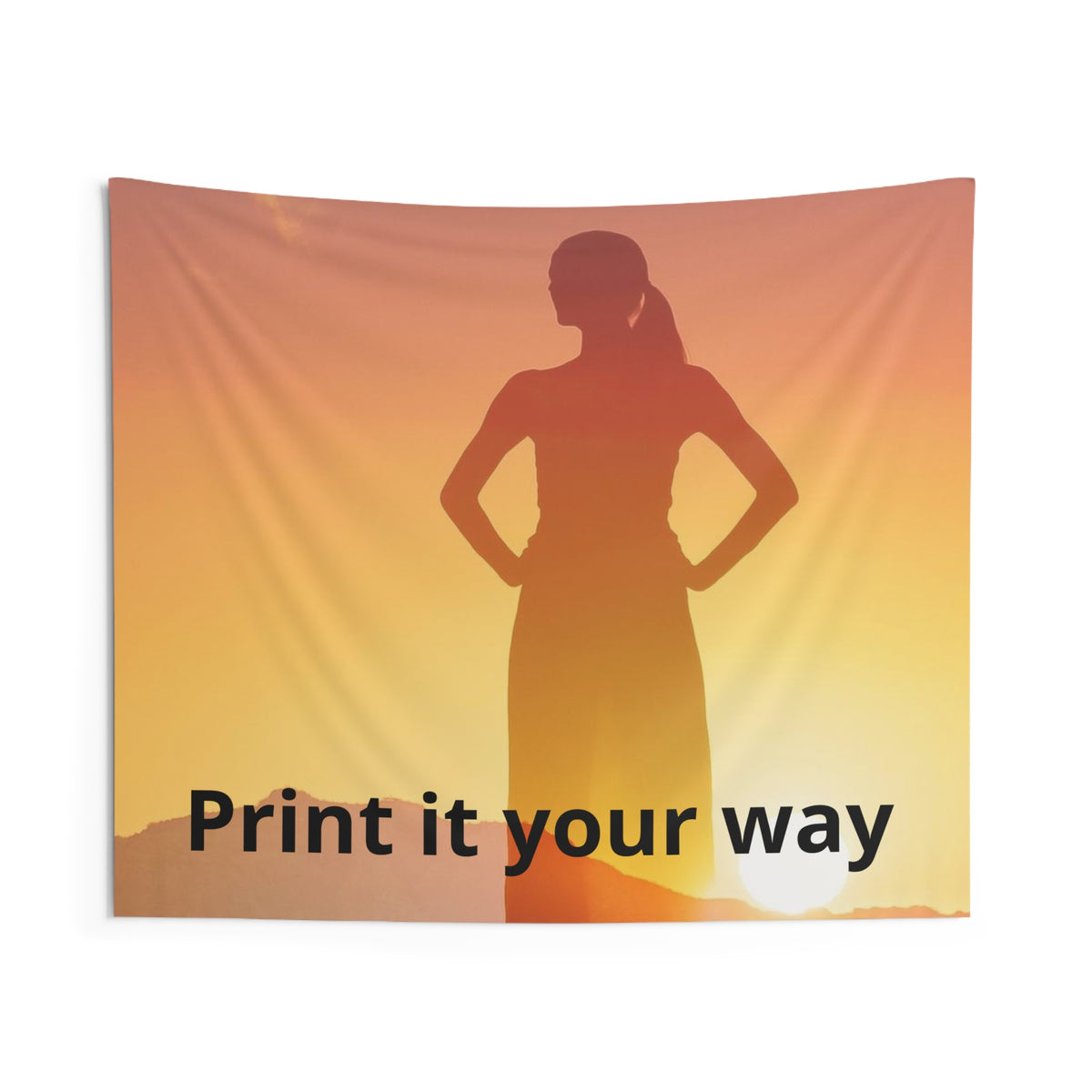 Personalized wall tapestry with sample sunrise silhouette design, view 3