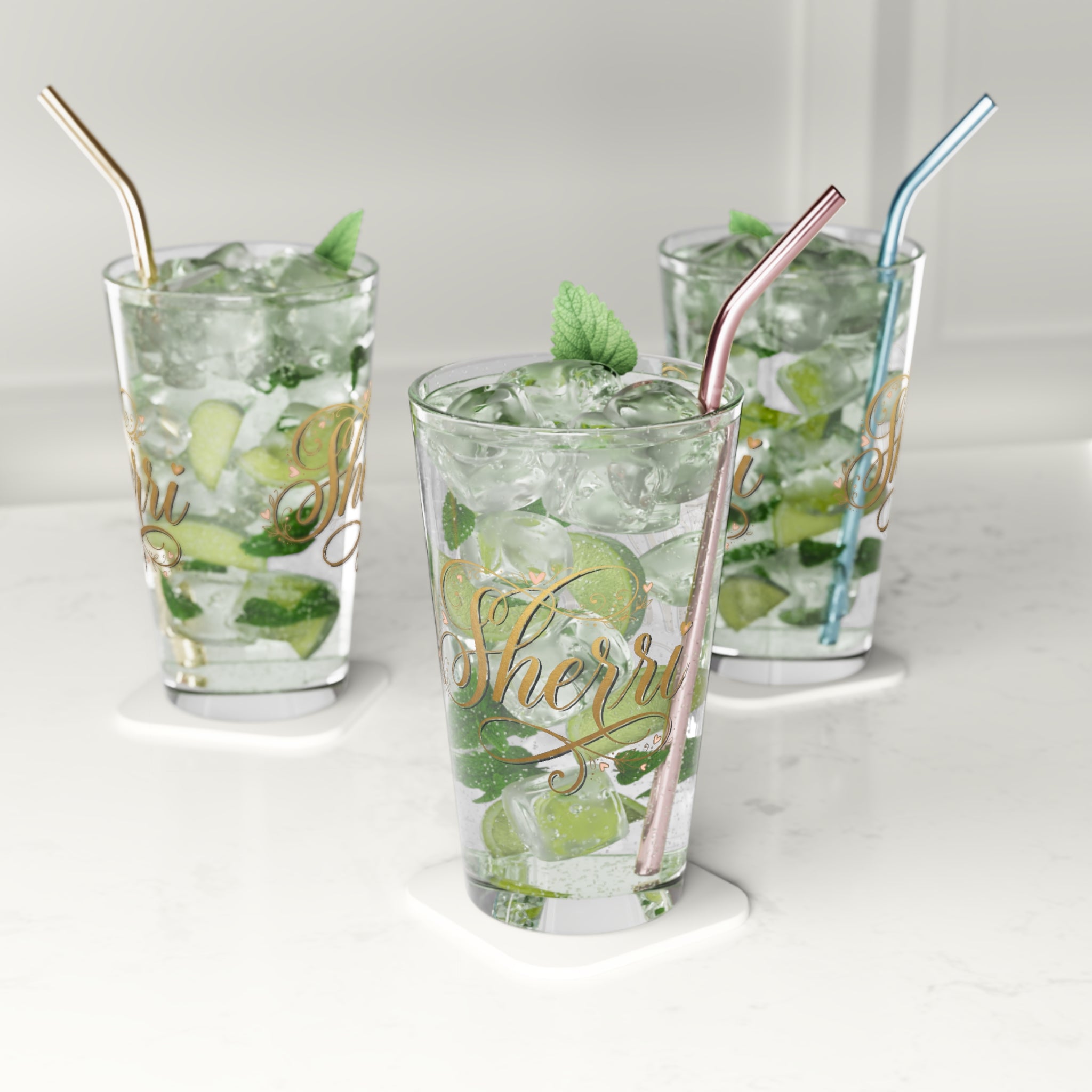 Personalized Gold Script Pint Glass - 16oz Custom Name "Sherri"