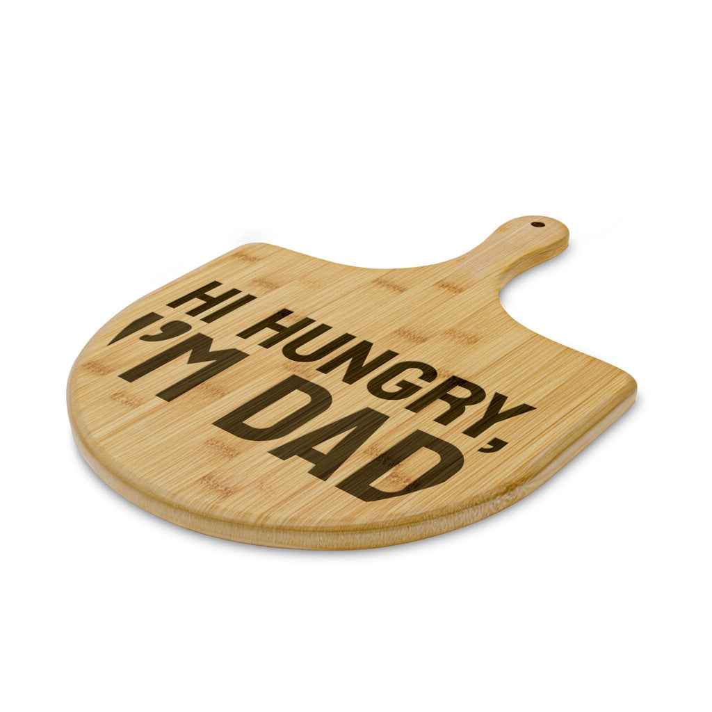 Personalized engraved bamboo pizza board with handle, sample engraving, view 2