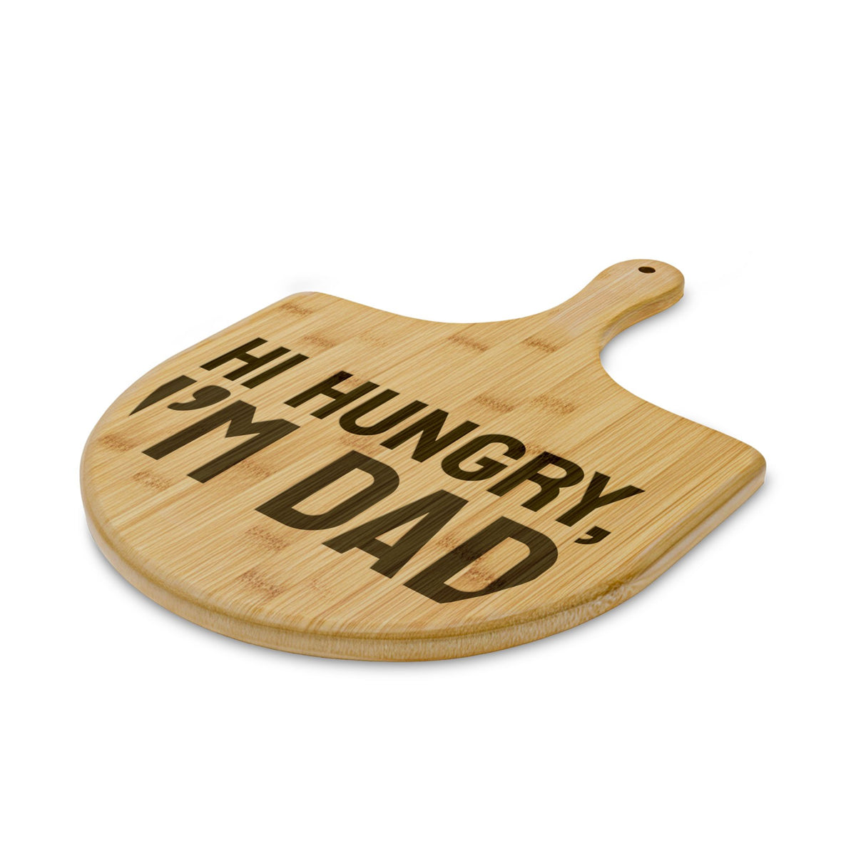 Personalized engraved bamboo pizza board with handle, sample engraving, view 2