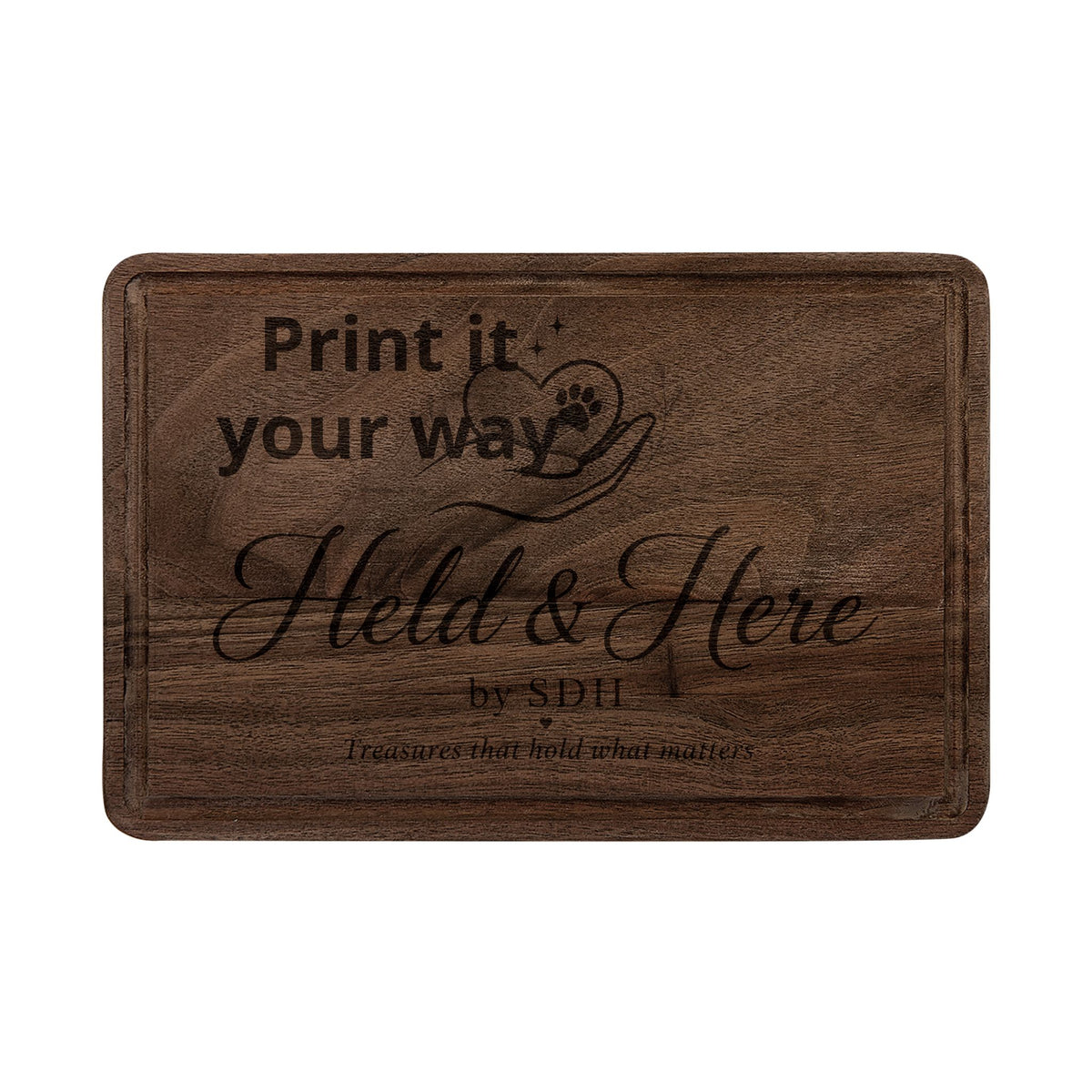 Personalized engraved hardwood cutting board with drip ring, sample engraving, view 2