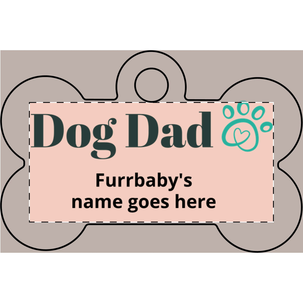 Personalized engraved bone-shaped pet ID tag, sample design, view 1