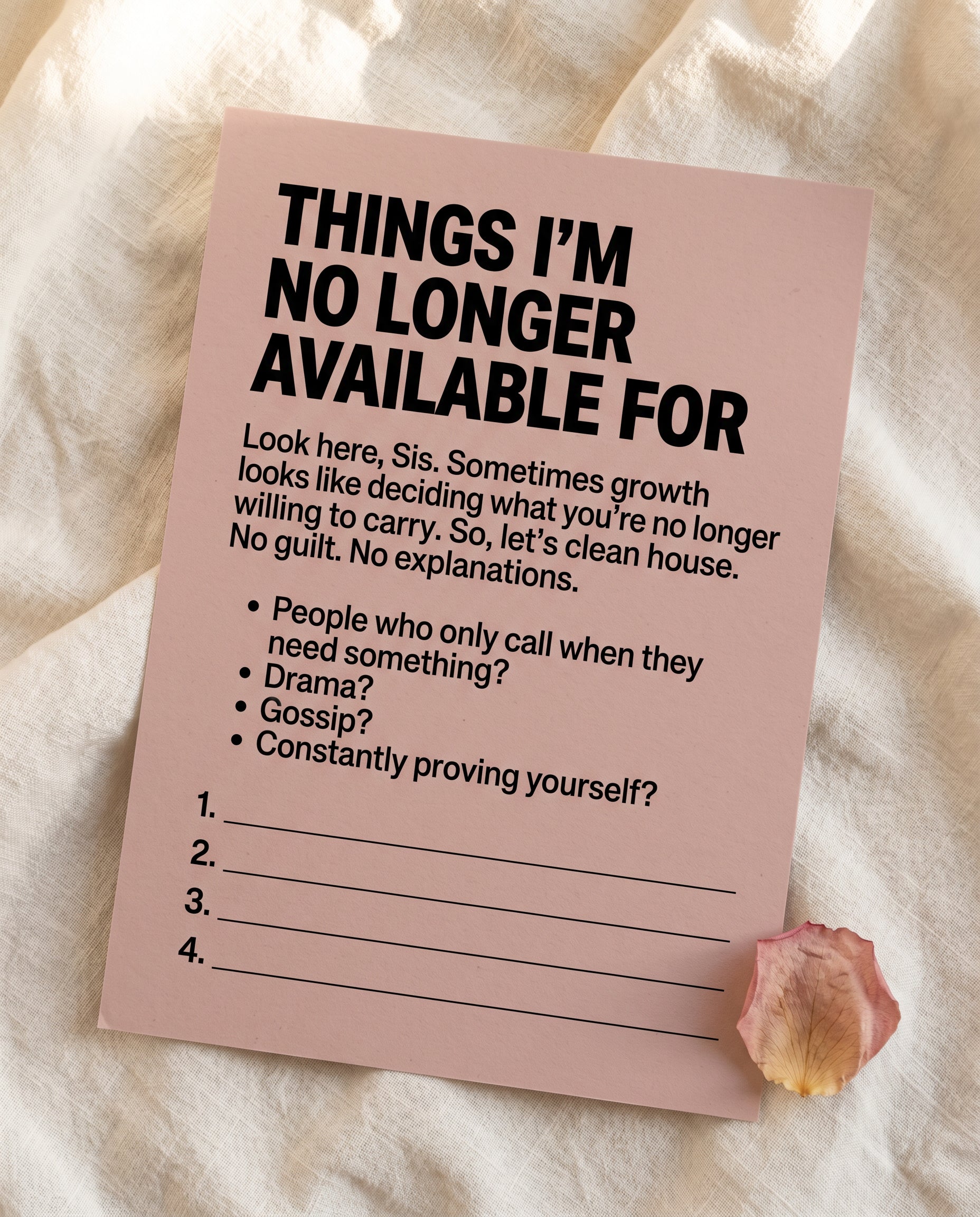 It's My Turn workbook — Things I'm No Longer Available For page with fill-in prompts