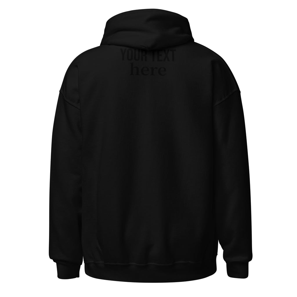 Black personalized pullover hoodie, back view