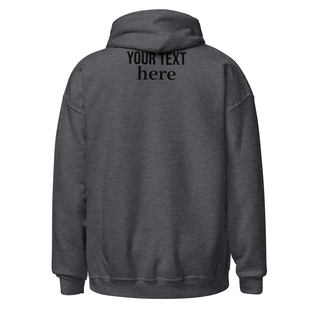 Dark heather personalized pullover hoodie, back view