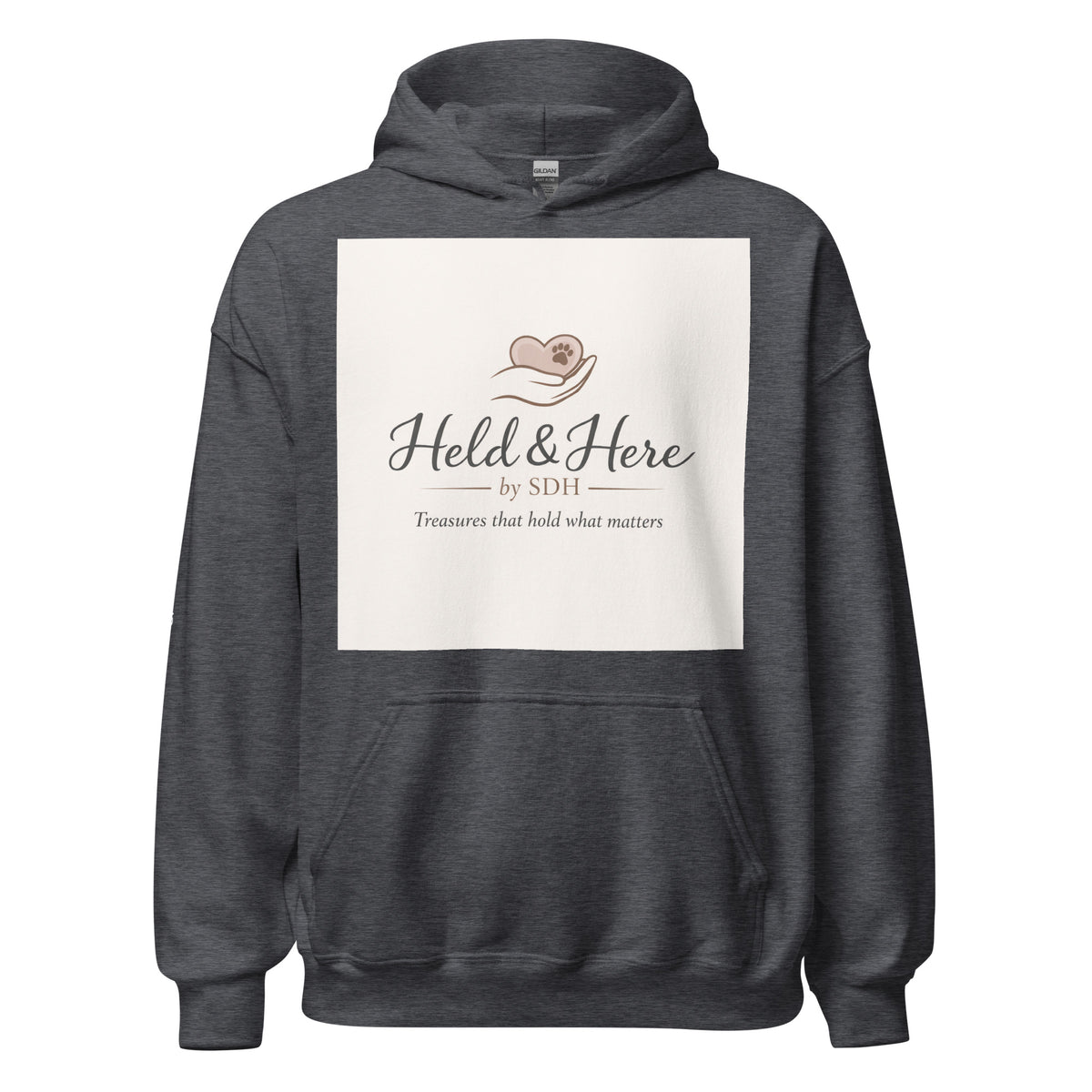 Dark heather personalized pullover hoodie, front view
