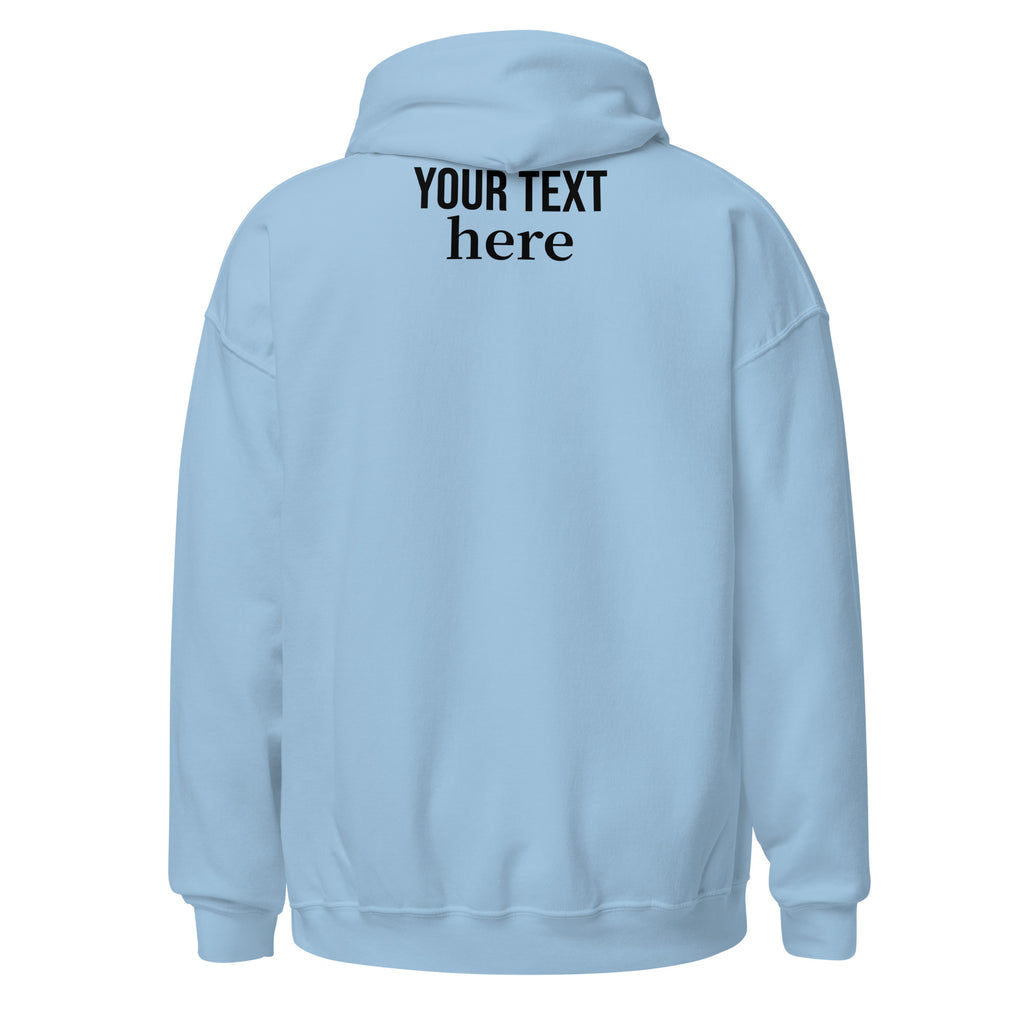 Light blue personalized pullover hoodie, back view