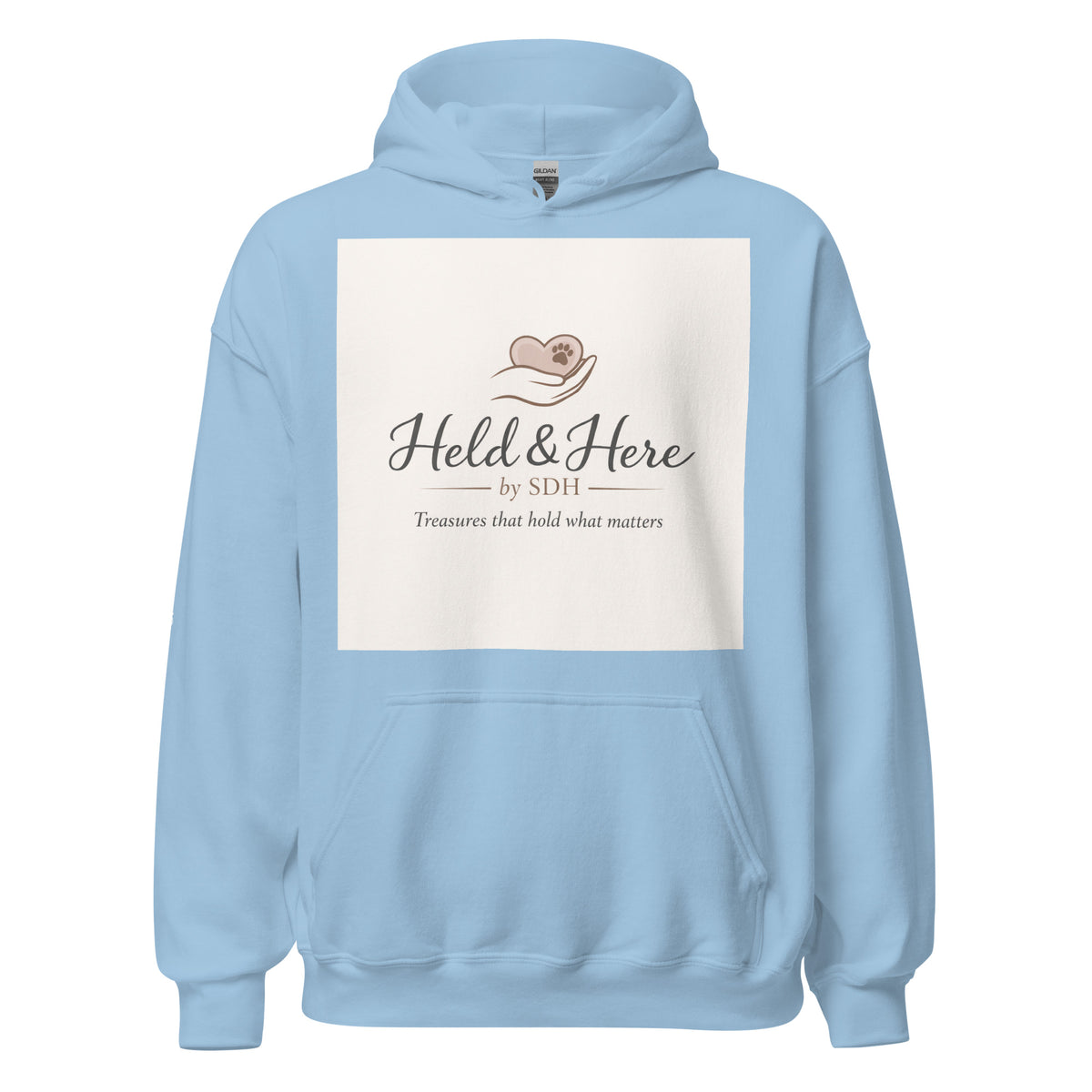 Light blue personalized pullover hoodie, front view
