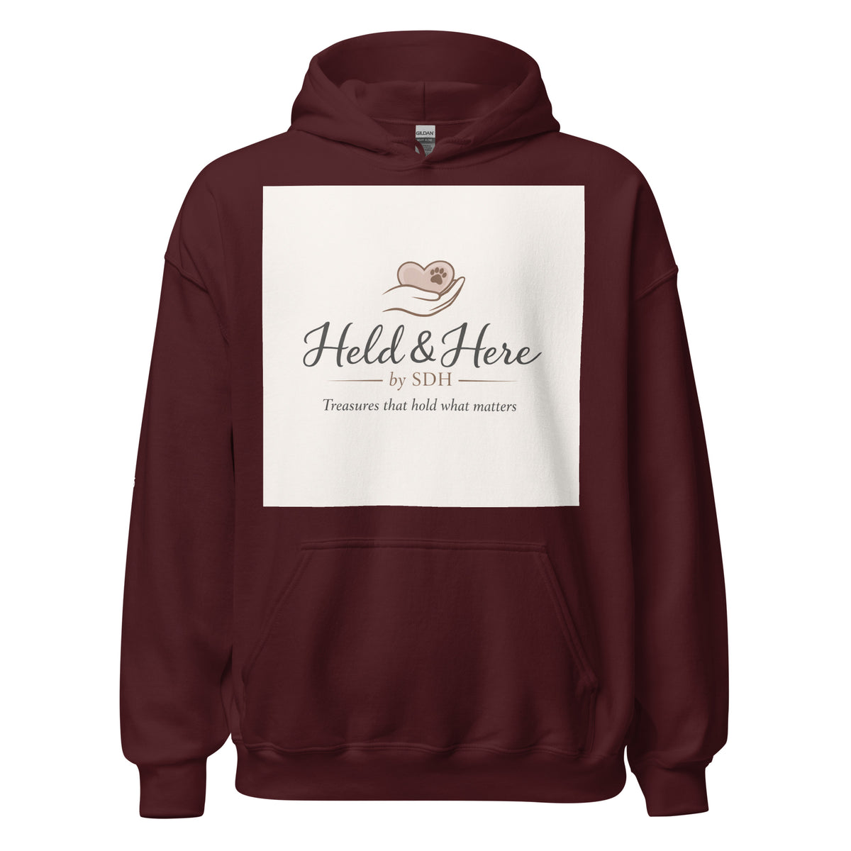 Maroon personalized pullover hoodie, front view