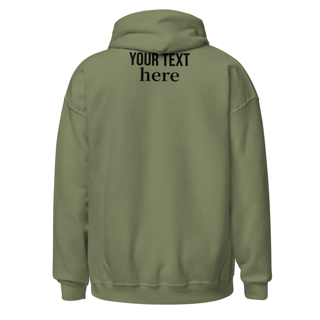 Military green personalized pullover hoodie, back view