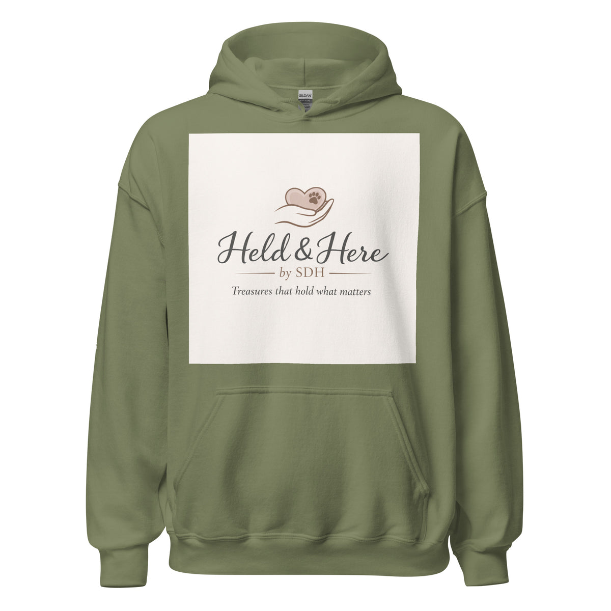 Military green personalized pullover hoodie, front view