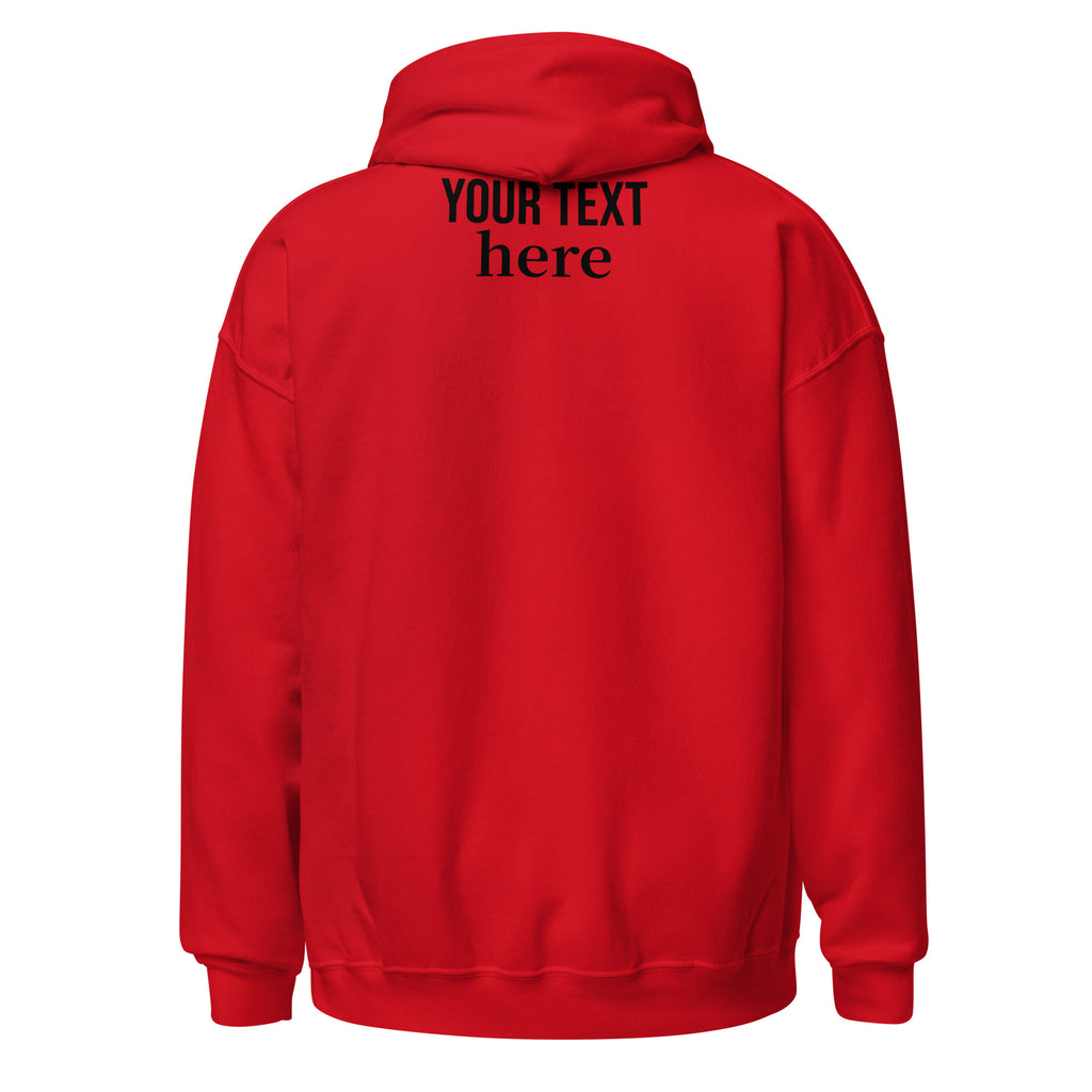 Red personalized pullover hoodie, back view