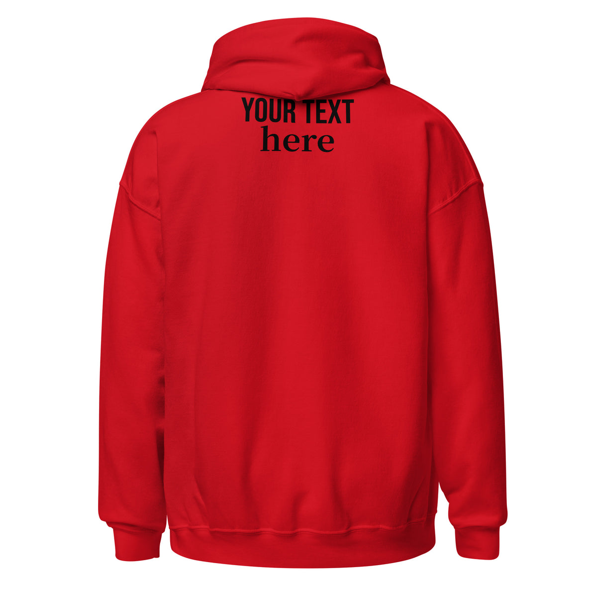 Red personalized pullover hoodie, back view