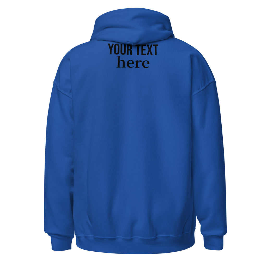 Royal blue personalized pullover hoodie, back view