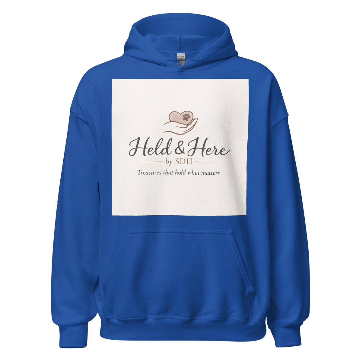 Royal blue personalized pullover hoodie, front view